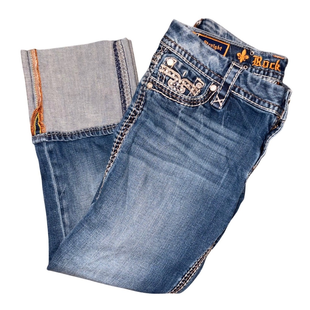 Rock Revival Y2K Embellished Straight Cuffed Denim Crop Capri Jeans Womens 28